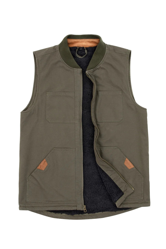 Front view of men's dark green canvas vest with sherpa lined