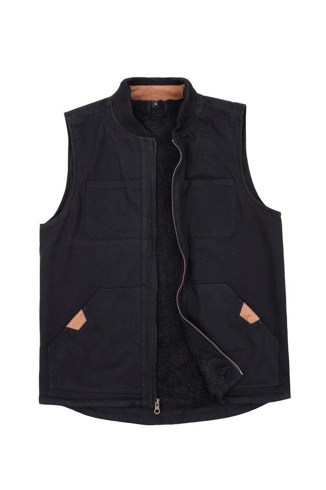 Front view of men's black canvas vest with sherpa lined