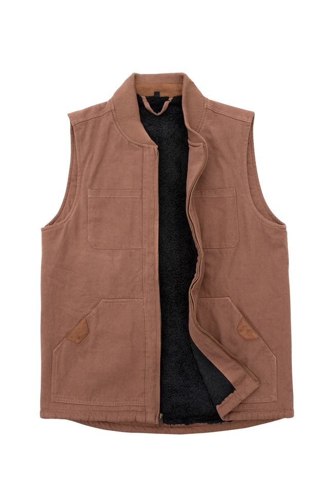 Front view of men's brown canvas vest with sherpa lined