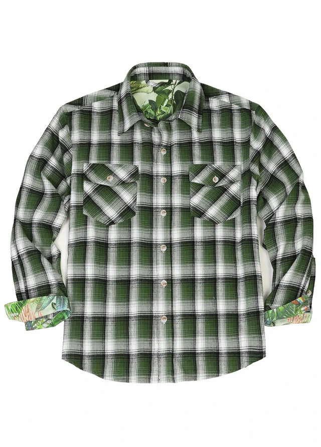 Front view of men's forest green plaid flanne shirt