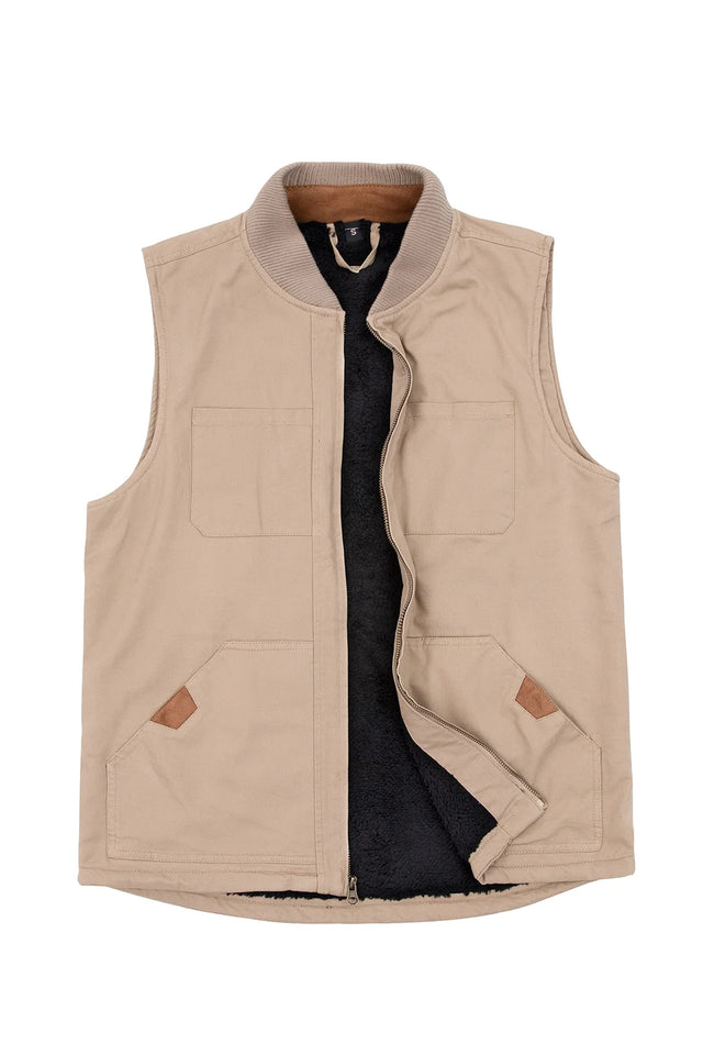 Front view of men's khaki canvas vest with sherpa lined