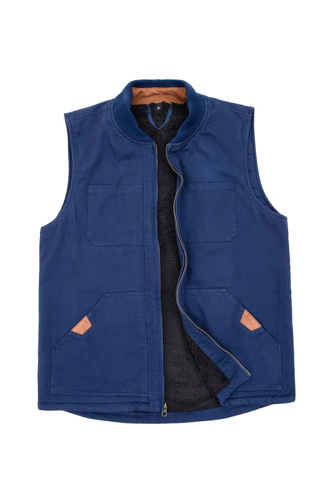 Front view of men's navy canvas vest with sherpa lined