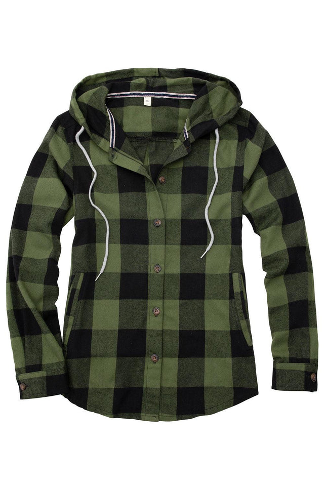 Front view of women's army green plaid flannel hooded with button up