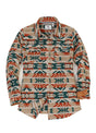 Front view of women's khaki aztec wool blend shirt