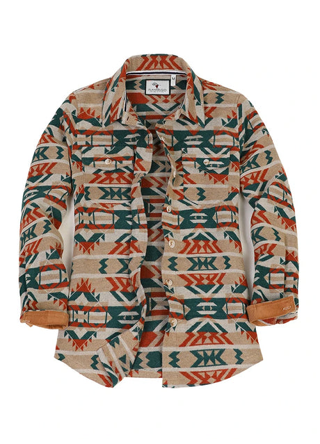 Front view of women's aztec khaki shirt jacket with button open