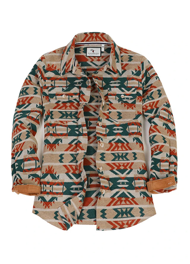 Front view of women's aztec khaki shirt jacket with button open