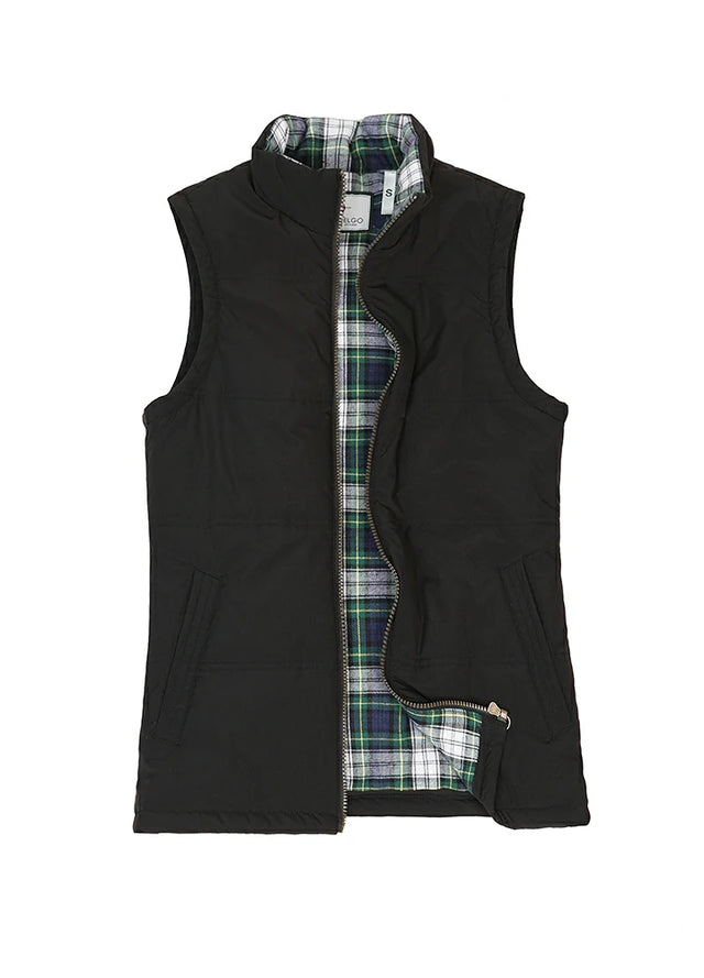 Front view of women's black flannel lined water repellent puffer vest