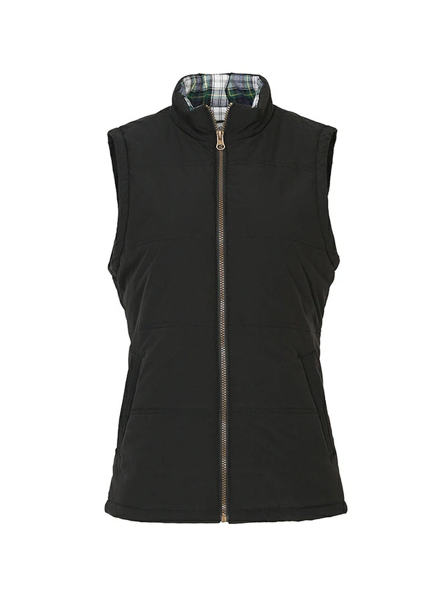 Front view of women's black full-zip warm flanne-lined puffer vest
