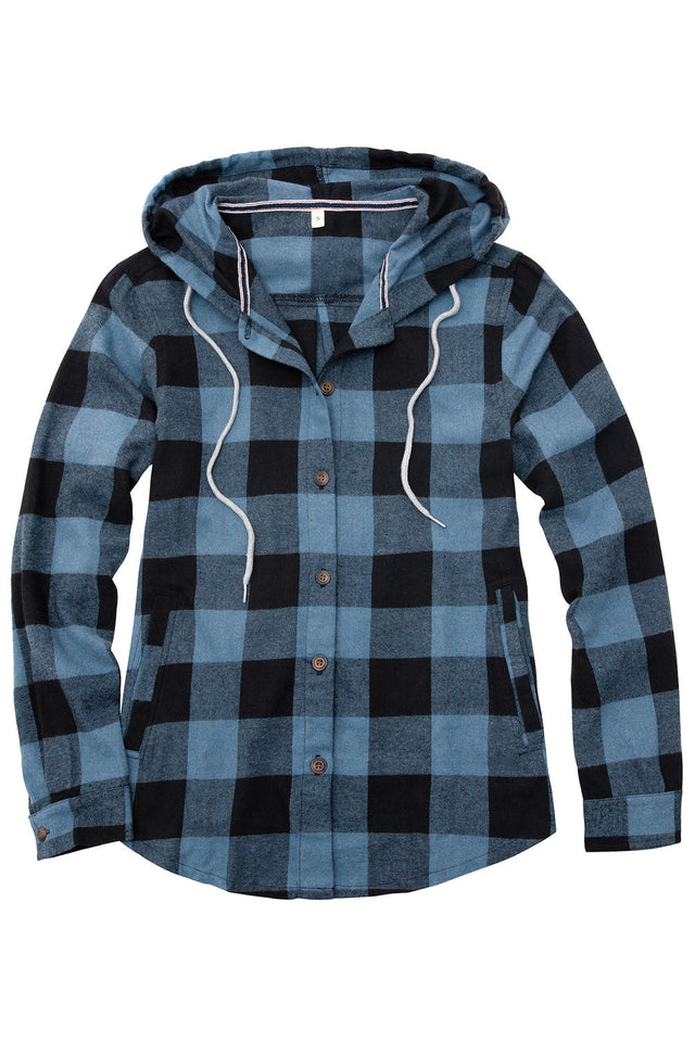 Front view of women's blue black plaid flannel hooded with button up