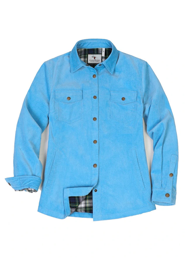 Front view of women's blue flannel-lined corduroy jacket