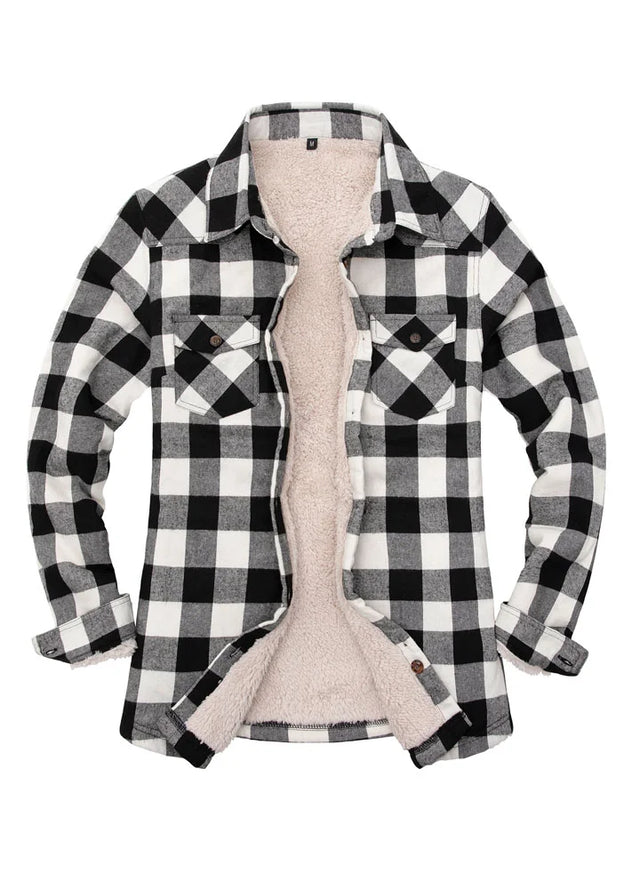 Front view of women's buffalo black white flannel jacket with sherpa-lined