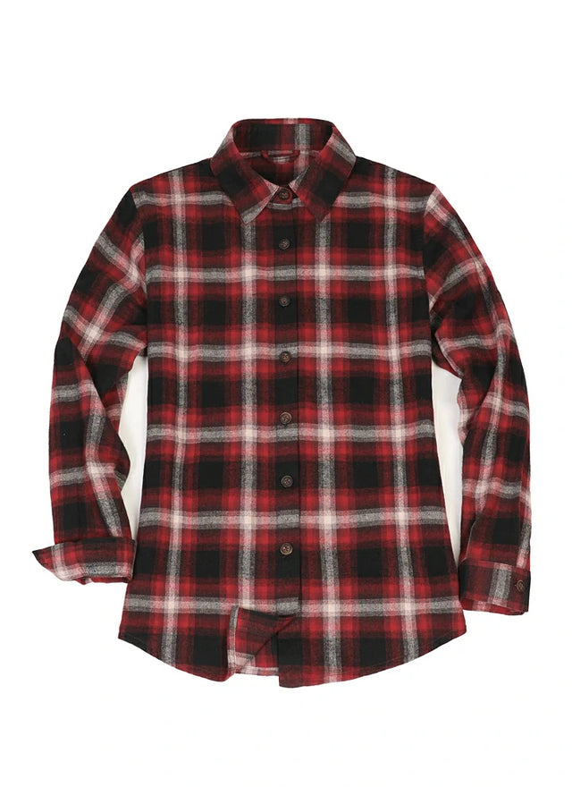 Front view of women's burgundy button down plaid flannel shirt