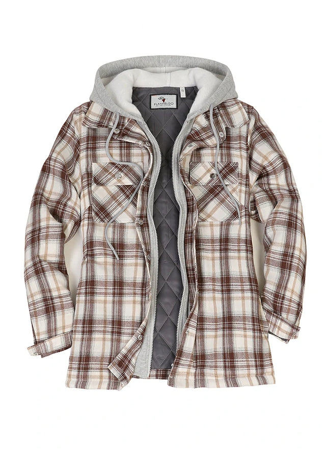 Front view of women's coffee quilted lined flannel jacket with chest pockets