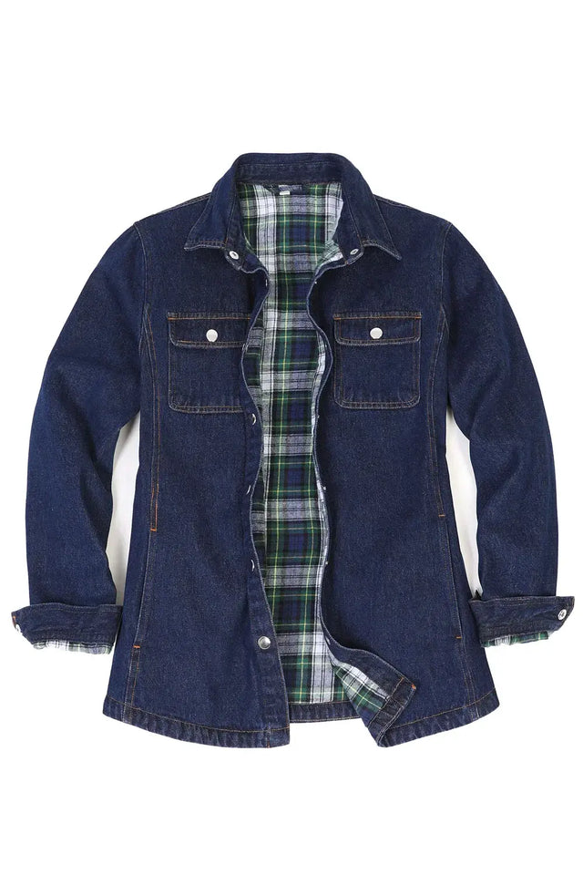 Front view of women's dark blue snap denim shacket with flannel lined