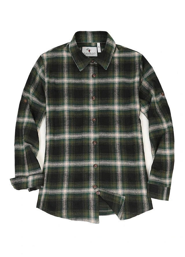 Front view of women's dark green button down durable plaid flannel shirt