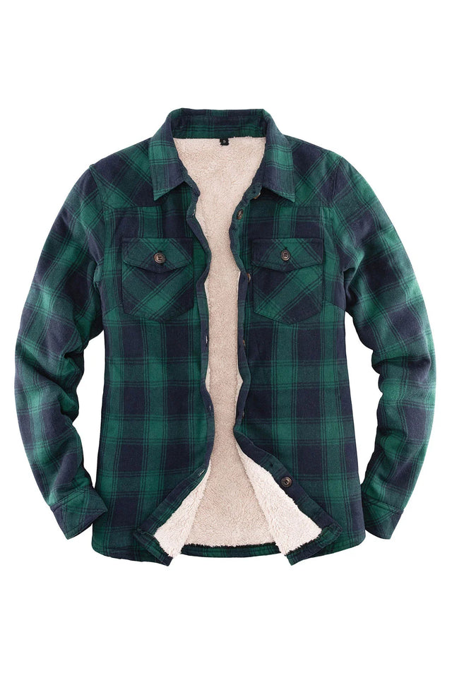Front view of women's green and blue sherpa-lined flannel shirt jacket
