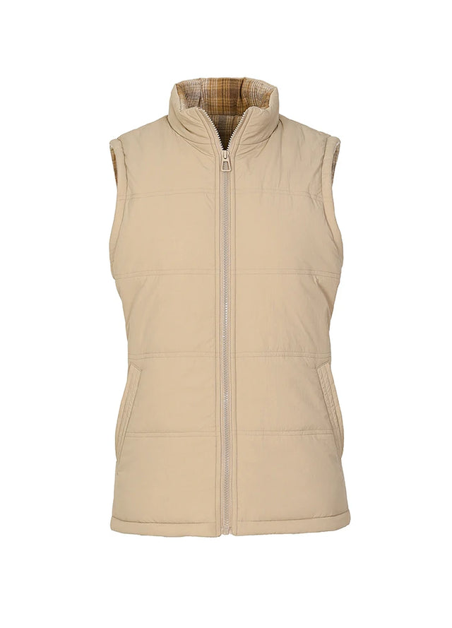 Front view of women's khaki flannel lined water repellent puffer vest