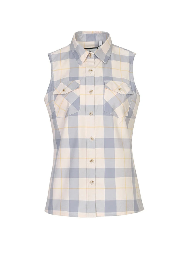 Front view of women's gray and white plaid flannel vest with chest pocket