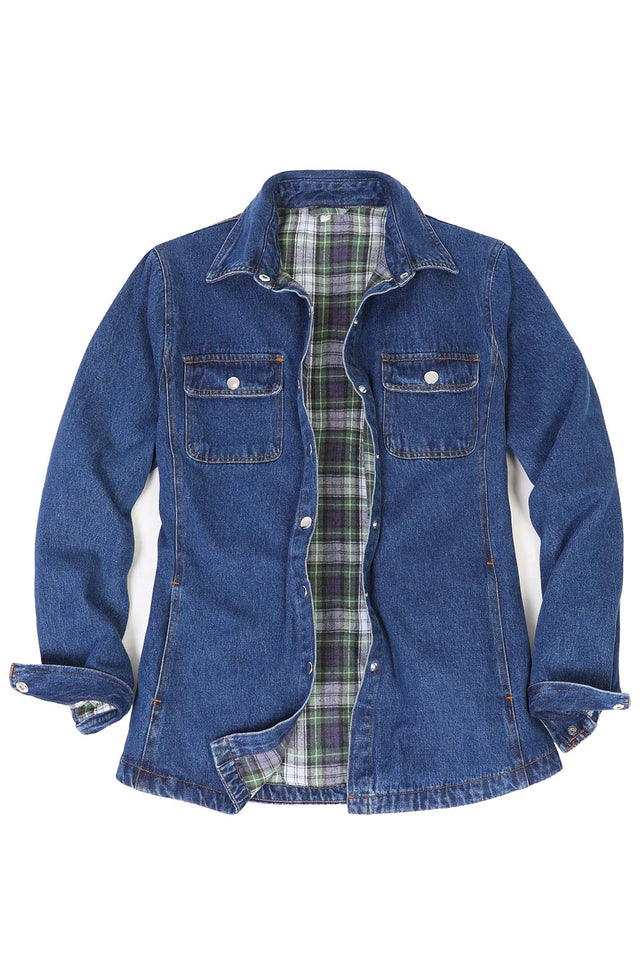 Women’s blue denim shirt jacket with flannel lining and snap buttons