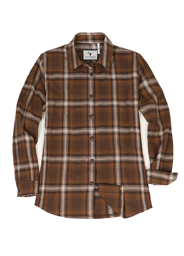 Front view of women's brown button down durable plaid flannel shirt