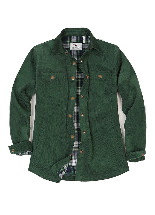 Front view of women's dark green flannel lined corduroy shirt jacket