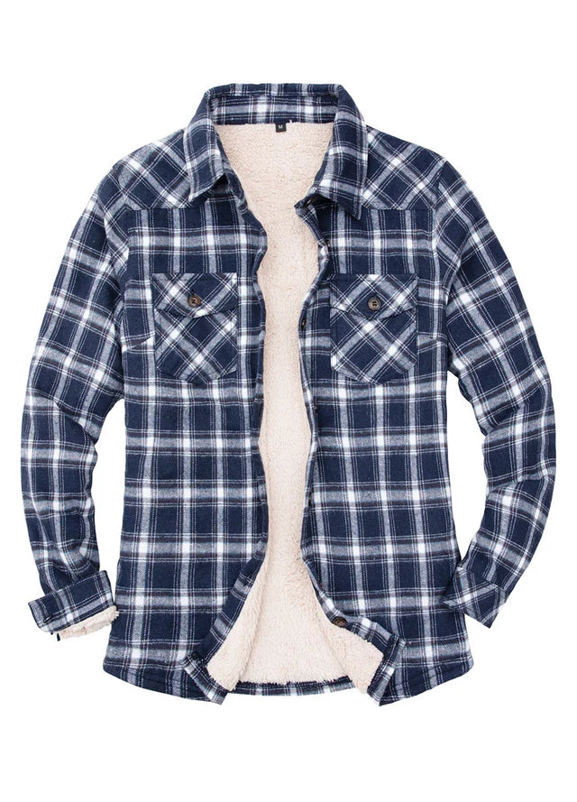 Front view of women's navy blue plaid flannel jacket with sherpa lined