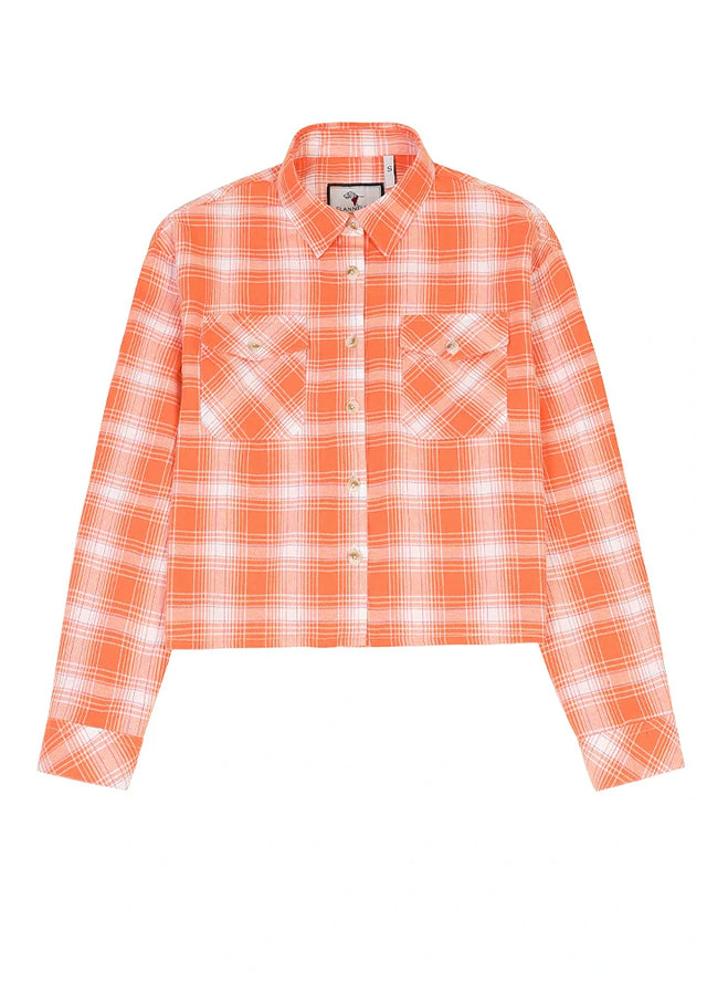 Front view of women's orange cropped long-sleeves plaid flannel shirt