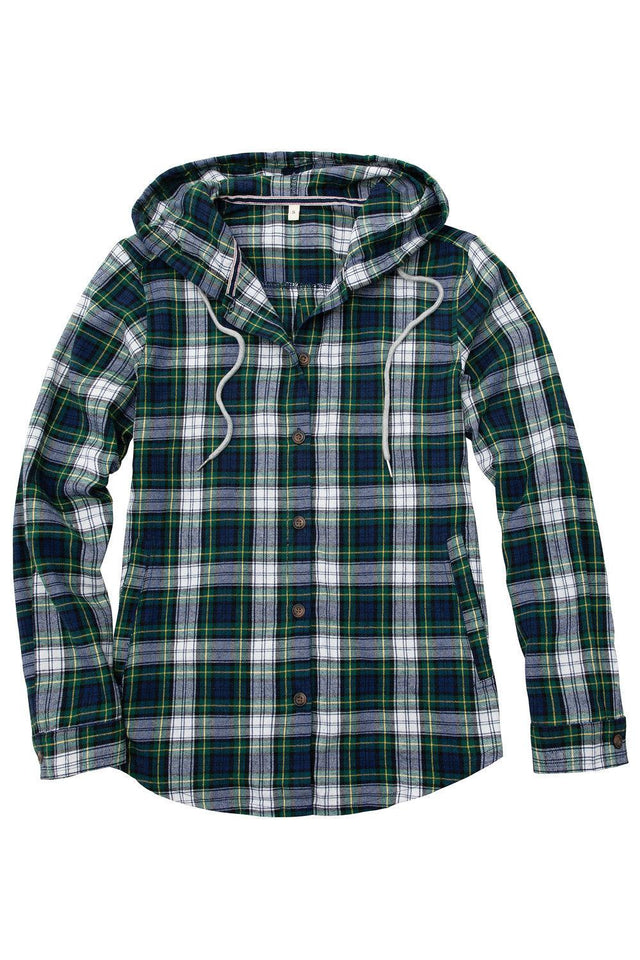 Front view of women's green plaid flannel hooded with button up