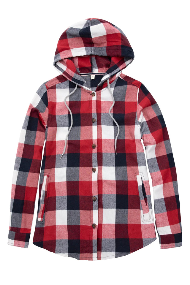 Front view of women's white red plaid flannel hooded with button up