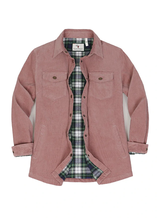 Front view of women's pink quartz corduroy shirt jacket