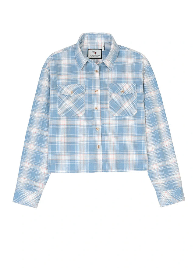 Front view of women's blue cropped plaid flannel shirt