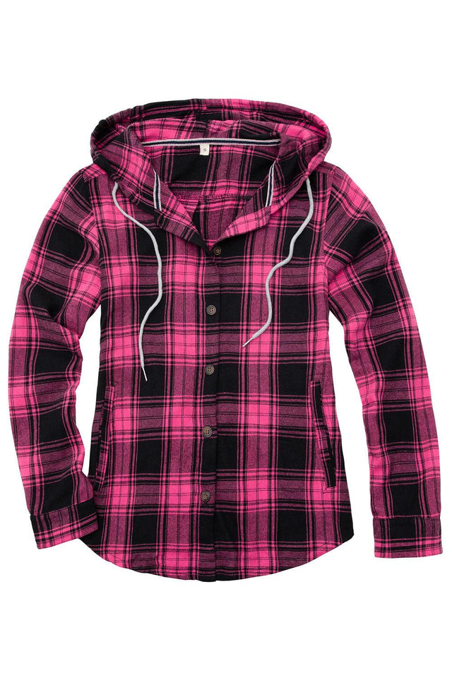 Front view of women's warm soft pink plaid flannel hooded with button up