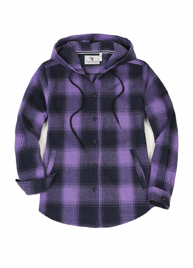 Front view of women's warm soft purple plaid flannel hooded with button up