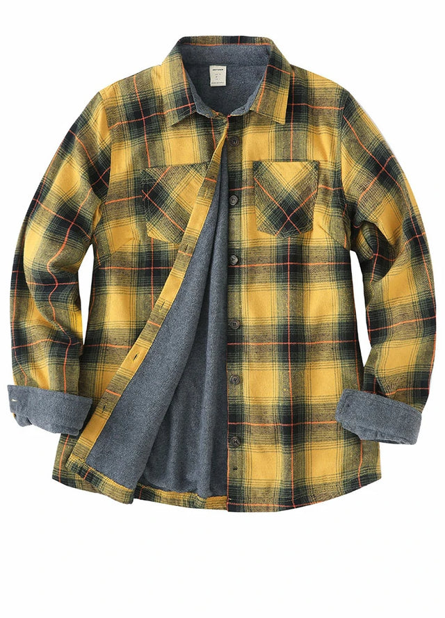 Front view of women's yellow fleece lined flannel shirt with button down