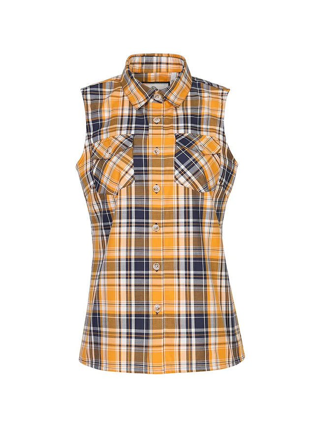 Front view of women's black and yellow plaid vest with chest pockets