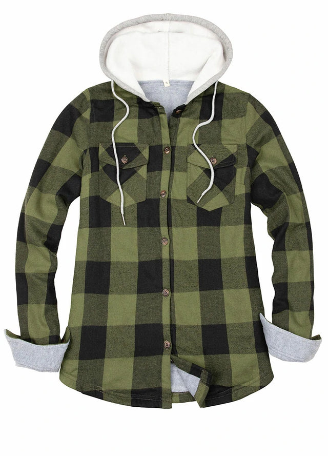 Front view of womens army green long-sleeves flannel hooded with fleece lined