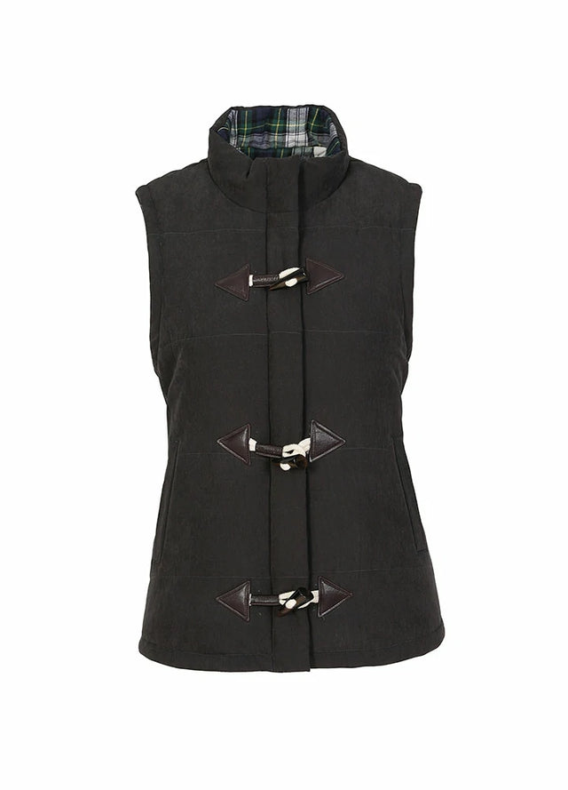 Front view of womens black flannel lined puffer vest