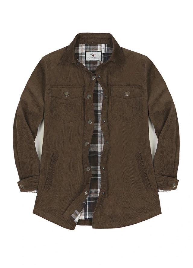 Front view of womens dark brown corduroy shacket with chest pocket