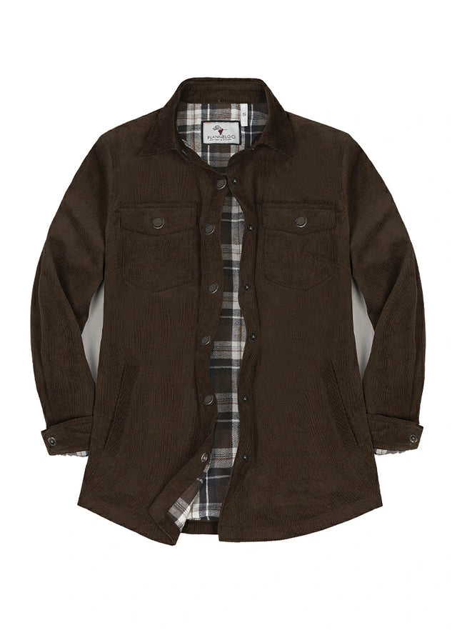 Front view of womens dark brown corduroy shacket with chest pocket