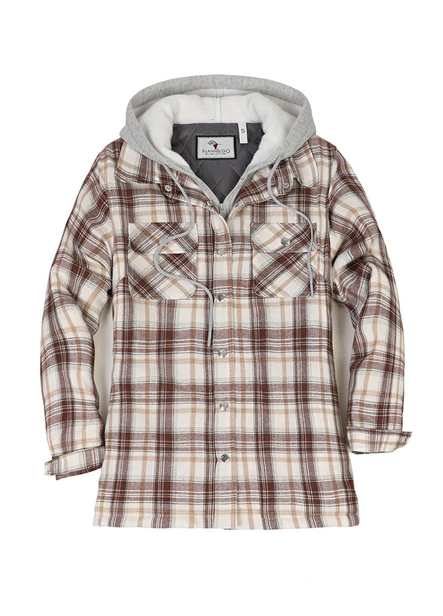 Front view of womens coffee full zip plaid flannel jacket with quilted lined