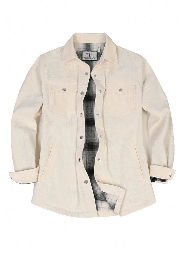 Front view of women's cream corduroy shirt jacket with snap front closure