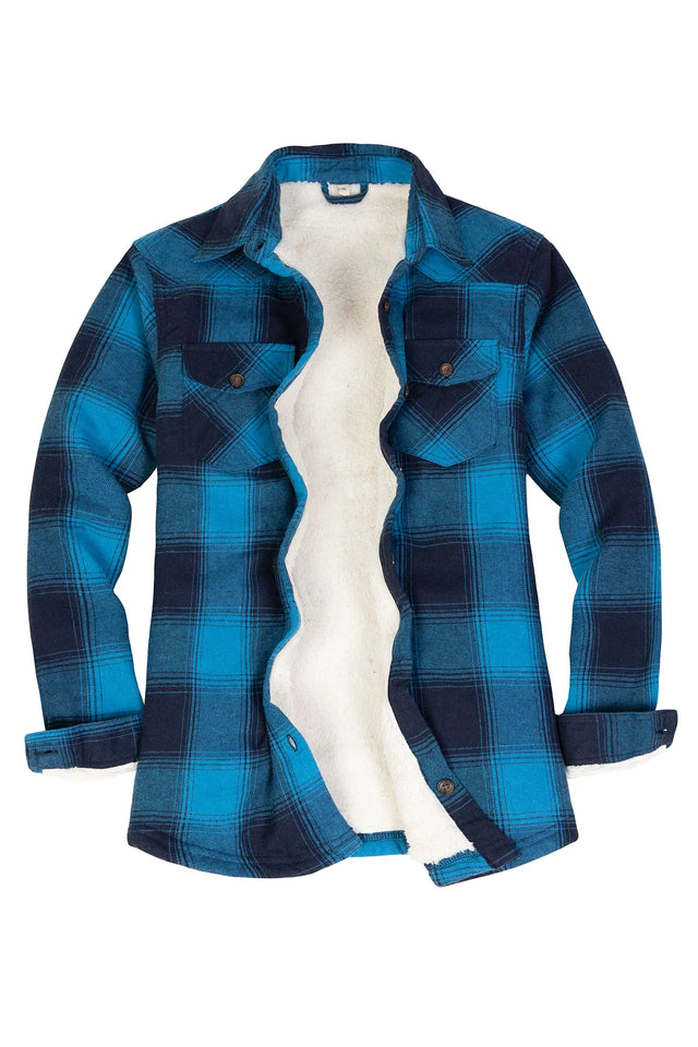 Front view of womens sherpa lined blue black plaid flannel shacket with button down