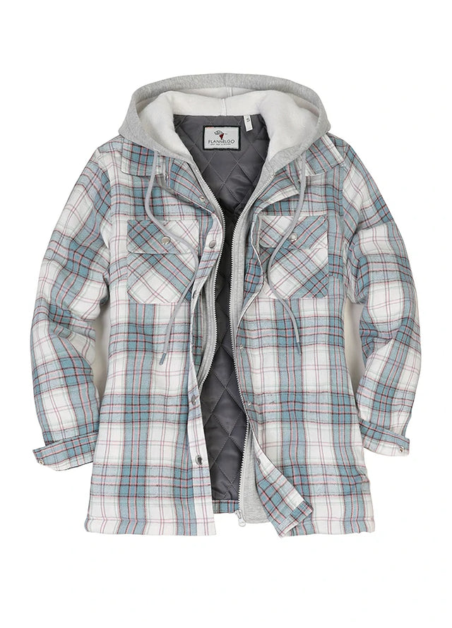 Front view of womens white and blue quilted-lined flannel jacket with hood