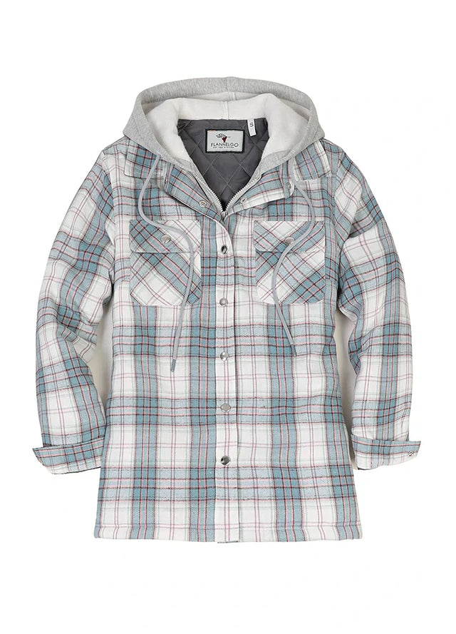 Front view of womens white and blue snap plaid jacket with quilted lined