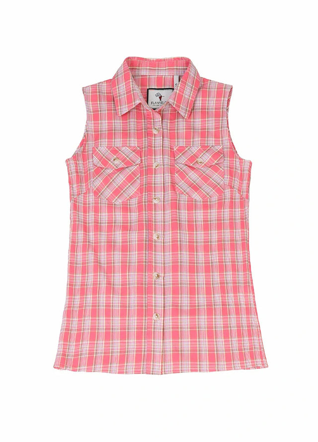 Front view of womens pink plaid flannel vest with sleeves-less
