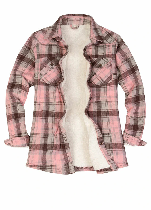 Front view of womens sherpa lined pink plaid flannel shacket with button down