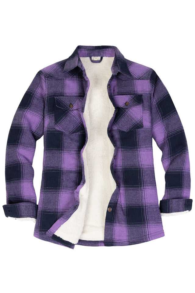 Front view of womens sherpa lined purple black plaid flannel shacket with button down