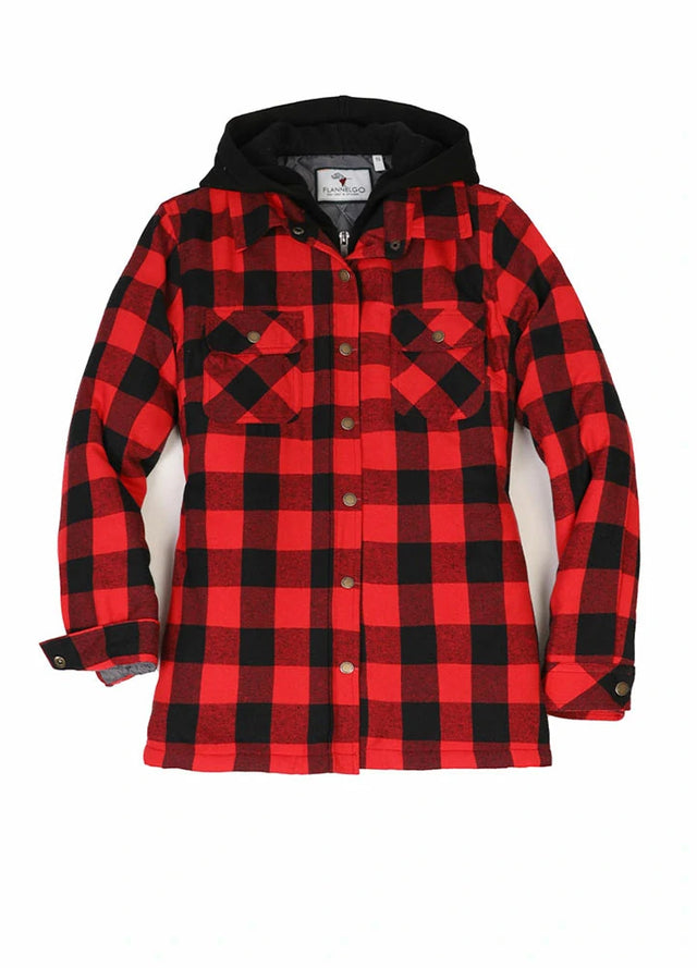Front view of womens red black plaid quilted-lined flannel jacket with hood