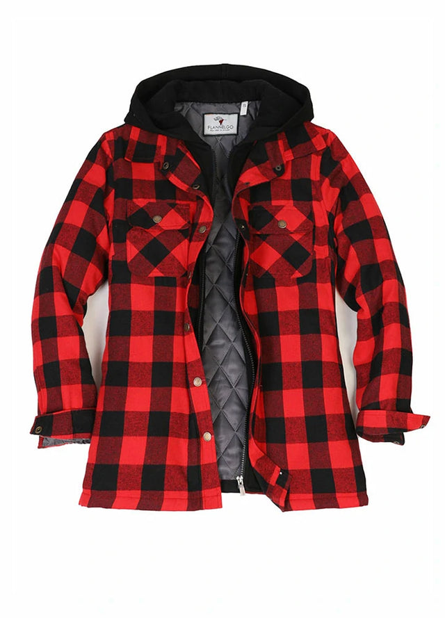 Front view of womens red black plaid zip up flannel jacket with quilted lined