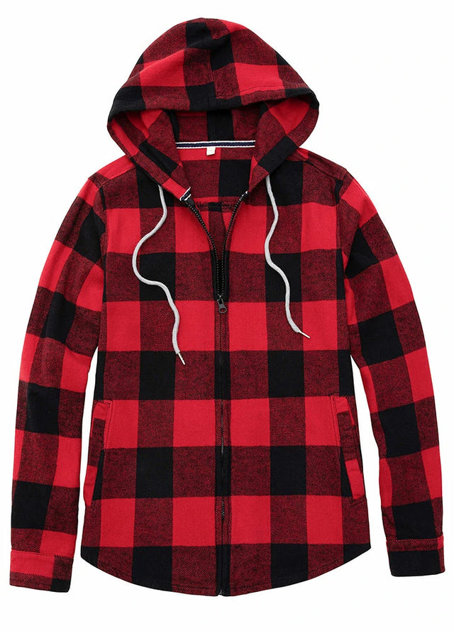 Front view of womens red black warm plaid flannel hoodie